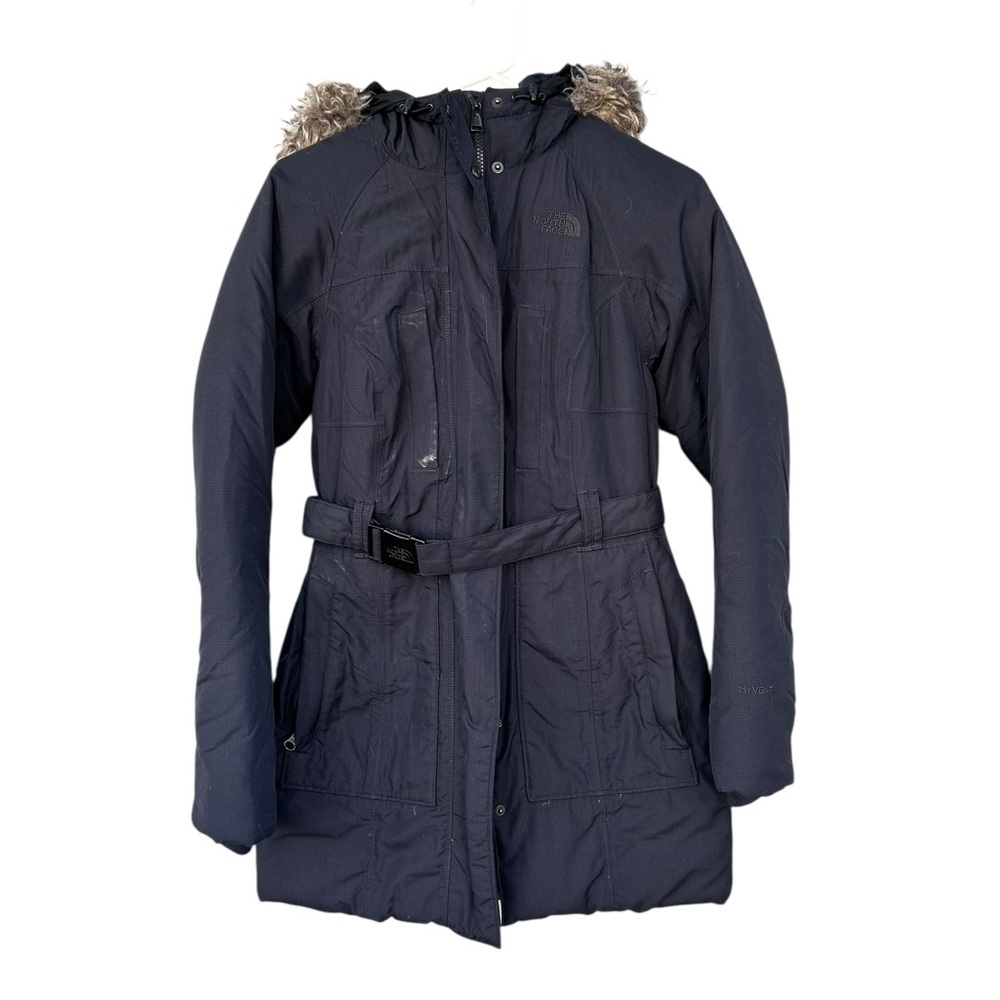 The North Face Goose Down Belted Fur Hood Parka - Size XS Women’s - Navy Blue